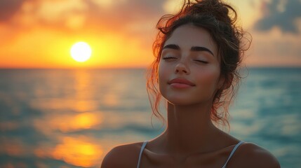 Poster - serene latin woman enjoy sunset,gratitude