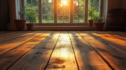 Poster - serene wooden floor bathed in warm sunlight creating a calming atmosphere indoors generative ai,stock image