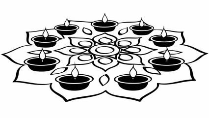 Poster - Illustration of a decorative floral design with diya lamps arranged around the perimeter in black and white created with generated ai