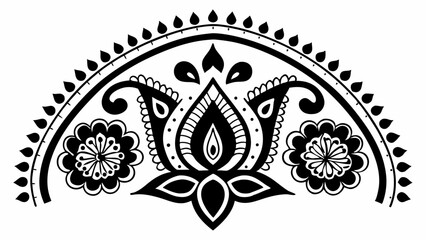 Poster - Black and white floral design with lotus flower and decorative arch with teardrop shapes border element created with generated ai