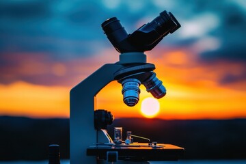 Poster - Microscope silhouetted against a vibrant sunset over a scientific research area