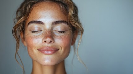 Poster - smile eyes closed,skincare of mature woman in studio for glow results or beauty on gray background face happy,model in natural cosmetics for dermatology anti aging,aesthetic at spa,stock photo