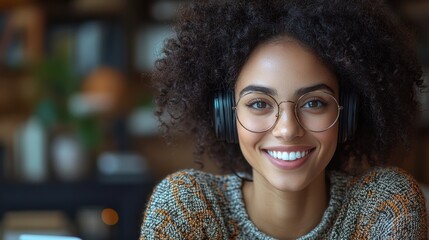 Poster - smiling woman in headset working on laptop from home