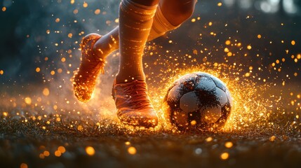 Fototapete - soccer cleats kicking ball,fire spark effects