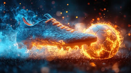 Leinwandbilder - soccer cleats kicking ball,fire spark effects,stock photo