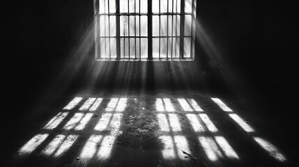 Fototapete - strong contrasts of sunlight casting shadows through barred prison window on a cold floor minimal details black,white photography depicting the concept of imprisonment despair,hope,stock photo