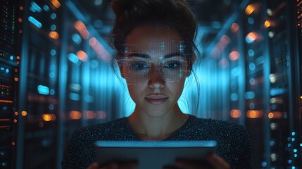 Poster - successful female data center it specialist using tablet computer turning augmented vfx visualization on server farm cloud computing facility system engineer working for cyber data security company