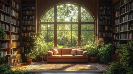 Poster - sunlit cozy elegant home library,window,books empty room zoom virtual backgrounds cozy interior backdrops living room backgrounds for virtual meetings,photo stock