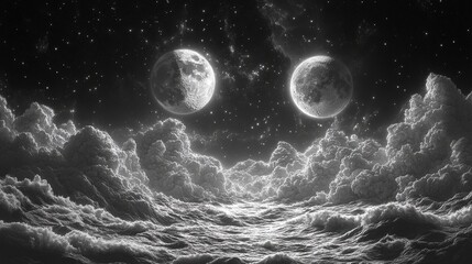 Aufkleber - surreal celestial scene featuring twin moons a starry sky rolling clouds,distant mountains sketch engraving generative ai illustration scratch board imitation black,white image