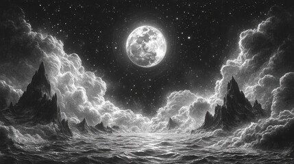Aufkleber - surreal celestial scene featuring twin moons a starry sky rolling clouds,distant mountains sketch engraving generative ai illustration scratch board imitation black,white image,stock photo
