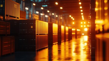 Poster - Warm sunset glow illuminating a warehouse aisle lined with shipping containers, creating a serene atmosphere