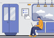 © Vector Factory - A young man works on a laptop while riding a subway train. He's casually dressed, looking out the window. Modern, clean design.