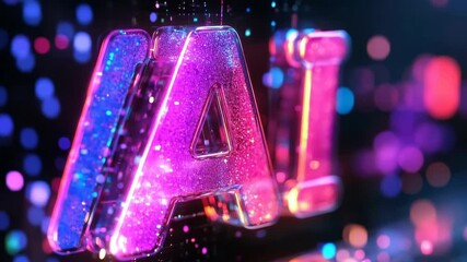 Poster - Neon glowing AI sign,designation, typography in a futuristic digital environment,symbolizing artificial intelligence,machine learning,data processing,future of cybernetics.