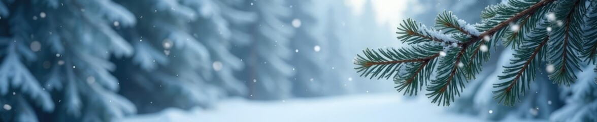 Wall Mural - snowflakes gently fall on frosty pine tree branches, frosty trees, snowy terrain, winter scene