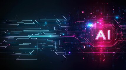 Poster - Neon glowing AI sign,designation, typography in a futuristic digital environment,symbolizing artificial intelligence,machine learning,data processing,future of cybernetic