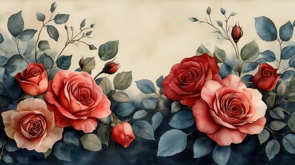 Aufkleber - the watercolor arrangement consists of rose buds leaves,a corner to display a vintage ornament bouquet corner x ray wedding design printed stationery,framed,stock image