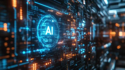 Aufkleber - Futuristic digital AI interface with glowing blue circuits and technology elements, cyber network visualization, artificial intelligence concept, data processing tunnel, high-tech innovation.