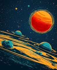 Wall Mural - a vintage illustration of a retro sky with clouds, sun, and planets, drawn by hand on aged paper wit