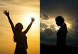 © Ozz - Silhouette of a woman with arms raised towards the sun, and in a pensive mood.