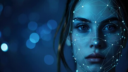 Poster - Facial recognition technology, face of woman with lines of biometric data on dark blue background. Concept of identification, person, verification.