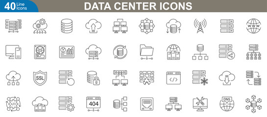 Wall Mural - data center icons set. server room, cloud computing, network security, storage, maintenance, infrast