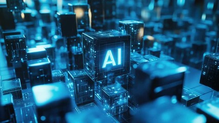 Poster - Glowing AI data cube in a futuristic digital environment, symbolizing artificial intelligence,data processing, and advanced computing. Concept of machine learning,neural networks, cyber technology.
