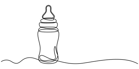 Aufkleber - Continuous one line drawing of baby feeding bottle. Baby drink bottle with love outline vector illustration. Editable stroke, Continuous editable line drawing of baby bottle. Baby milk bottle icon in.