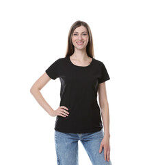 Wall Mural - woman wearing blank black t-shirt on white background. mockup for design
