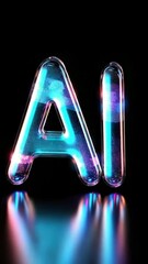 Poster - Neon glowing AI sign,designation, typography in a futuristic digital environment,symbolizing artificial intelligence,machine learning,data processing,future of cybernetics