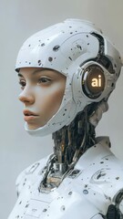 Poster - Futuristic female humanoid robot with realistic face AI inscription on the head,symbolizing advanced robotics,artificial intelligence,the integration of human-like machines society