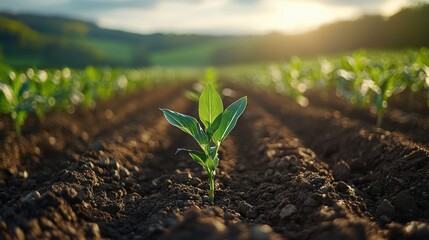 Poster - wavy rows of young green corn plants in vast agricultural fields farming background,stock photo