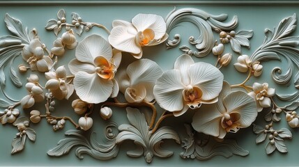 Aufkleber - white,gold stucco relief featuring orchids,distinctive shapes
