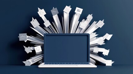 Poster - A laptop is surrounded by various icons and papers, symbolizing digital communication and data flow in a vibrant, modern design.