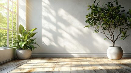 Poster - white cladding panel wall,rubber tree plant wood floor interior 3d illustration,stock image