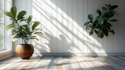 Poster - white cladding panel wall,rubber tree plant wood floor interior 3d illustration,stock photo