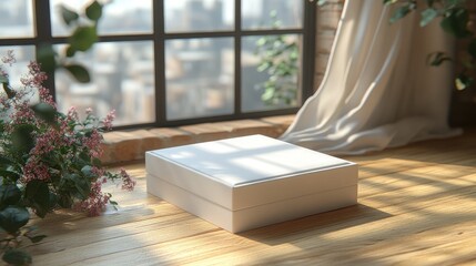 Poster - white closed jewelry box mockup windowsill furniture tabletop