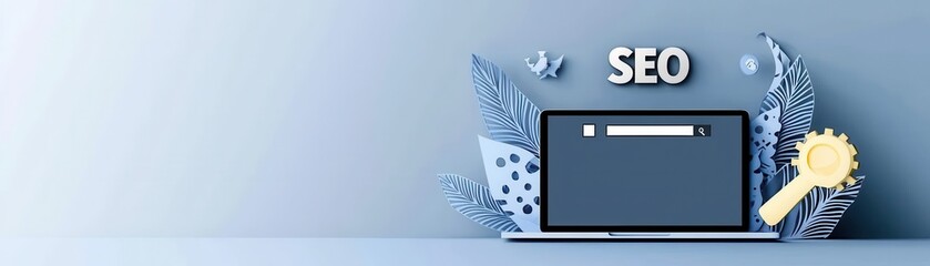 Poster - A digital illustration featuring a laptop with SEO-related elements, surrounded by decorative foliage and icons, conveying a modern online marketing theme.