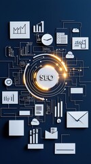 Poster - A digital illustration featuring interconnected graphics related to SEO, analytics, and digital marketing on a dark blue background.