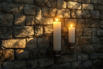 Poster - Candlelight illuminates rustic stone wall in tranquil setting