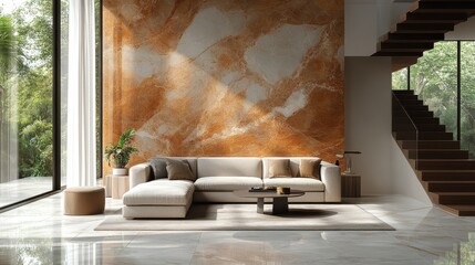 Poster - white marble floor tile in brown wall hall luxury living room,beige corner sofa side table wooden stairway in sunlight from floor to ceiling sheer curtain for interior design background 3d