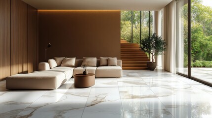 Poster - white marble floor tile in brown wall hall luxury living room,beige corner sofa side table wooden stairway in sunlight from floor to ceiling sheer curtain for interior design background 3d