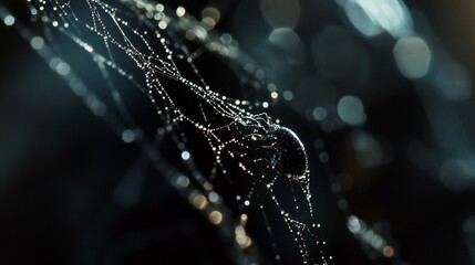 Mystical encounter, A spider's web glistening with morning dew in the shadows
