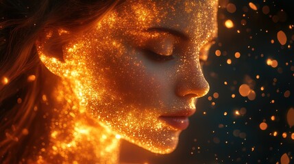 Poster - woman s face rendered in glowing particles,streaks of light emanating from her head