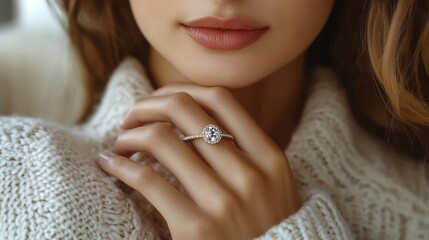 Poster - woman wearing beautiful ring,gemstone against beige fabric closeup,stock image