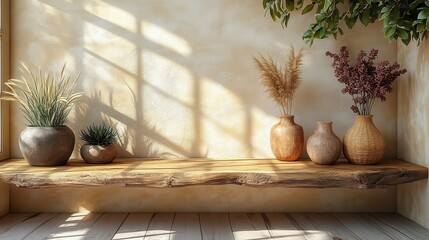 Poster - wooden table mockup on stucco background,window shadow on the wall beige earthy color tones,photo stock