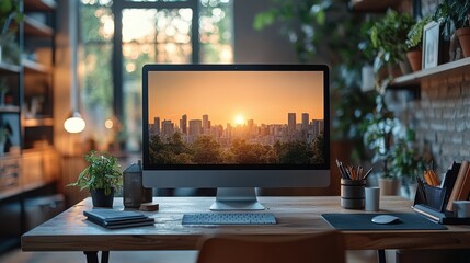 Poster - workplace,blank computer monitor telephone,plant in light office,stock photo