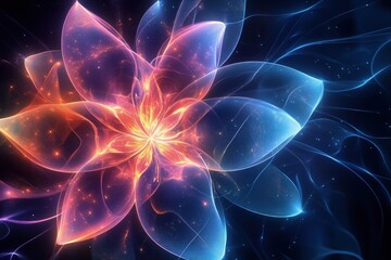 Wall Mural - A glowing, abstract flower pattern with neon colors and soft, fluid lines against a dark background.