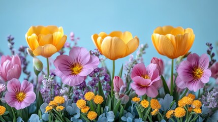 Aufkleber - yellow,purple flowers on pastel blue background spring concept,photo stock