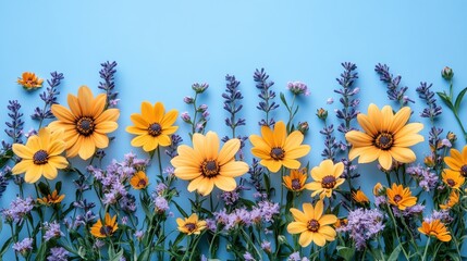Aufkleber - yellow,purple flowers on pastel blue background spring concept,stock image