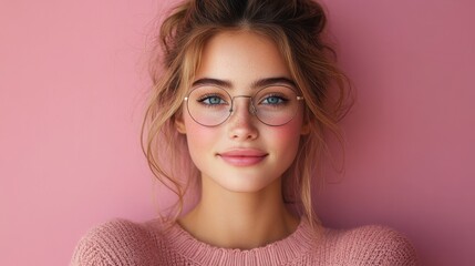 Poster - young caucasian woman isolated on pink background,glasses,happy expression,stock image